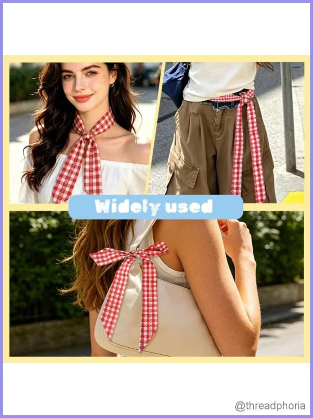 Silk Satin Skinny Neck Scarf Extra Long Gingham Plaid 2 Pack Hair Scarf Handbag